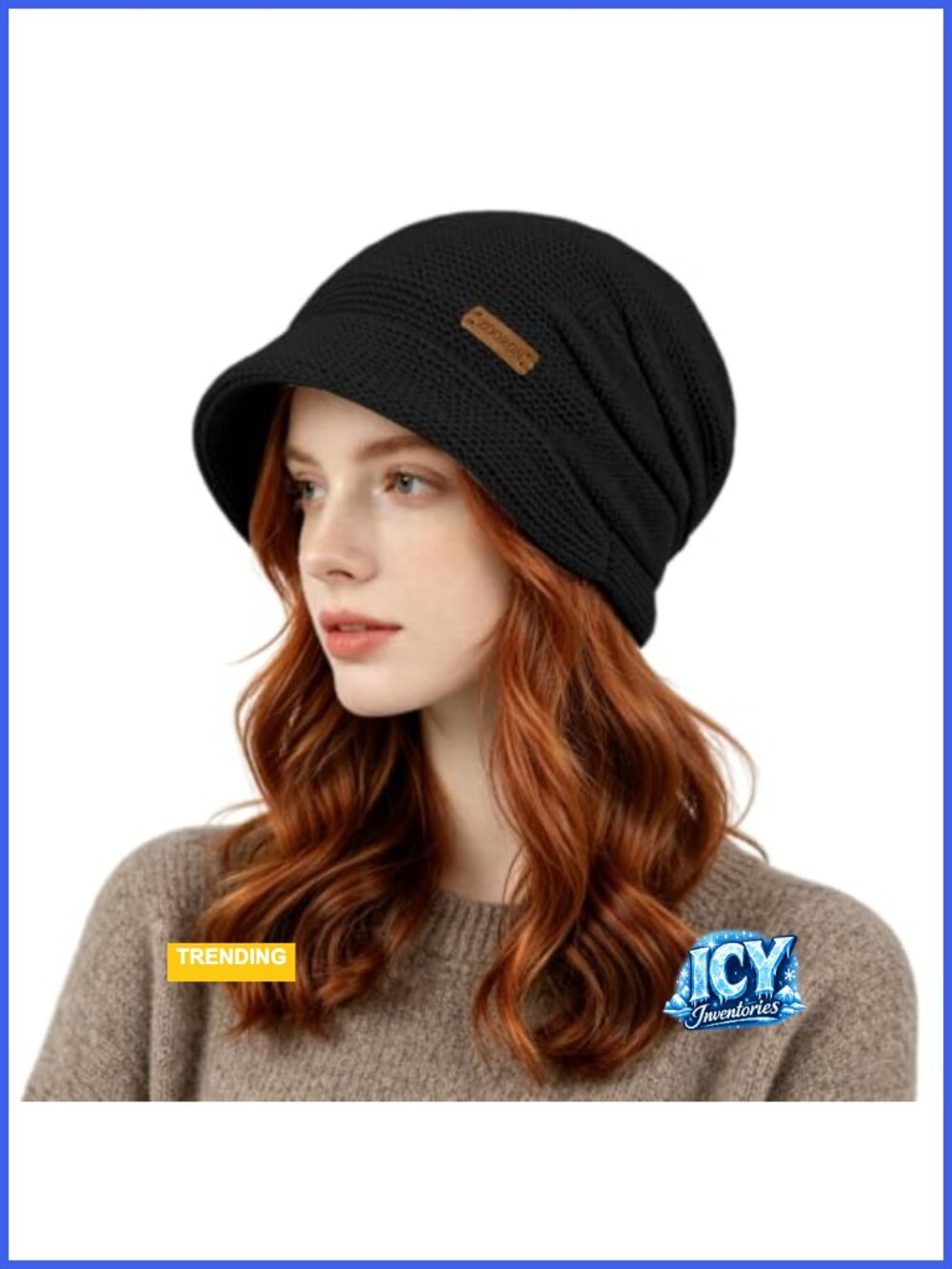 Slouchy Knit Beanie Hat with Visor Brim Warm Fleece Lined Winter Hat